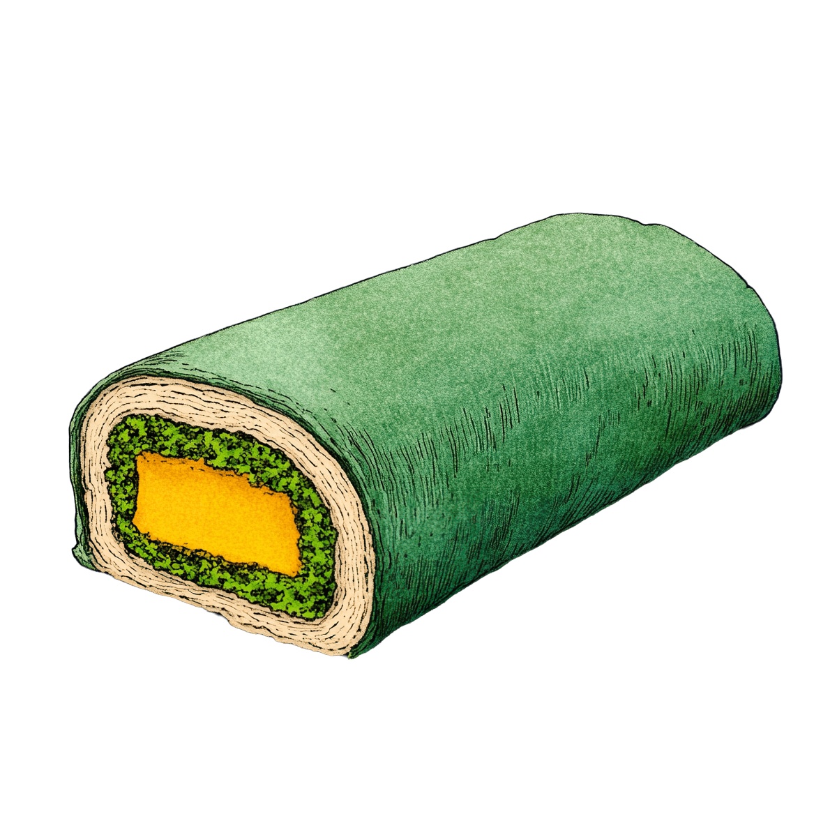 Matcha Swiss roll cake with green exterior and filling, showcasing layers.