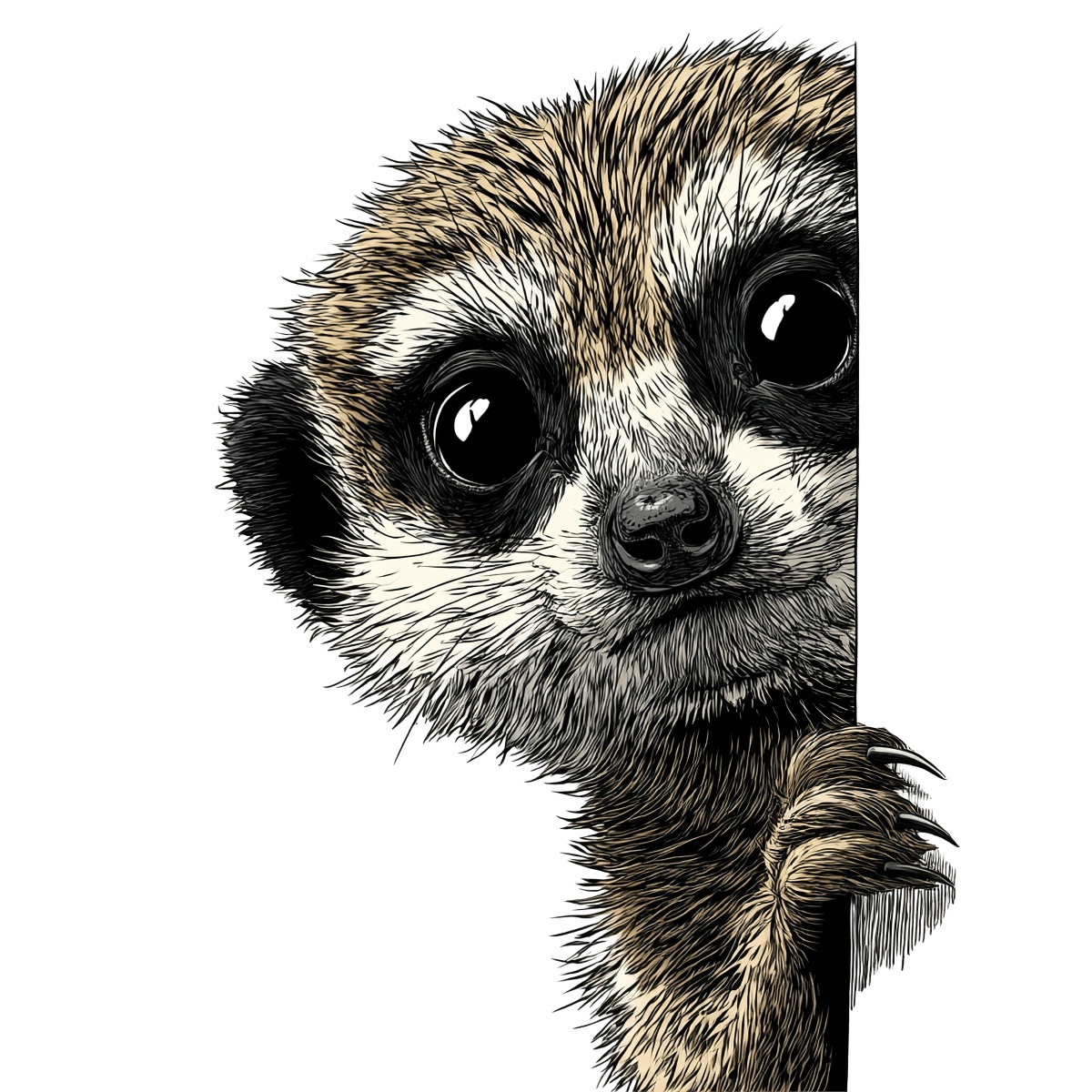 Meerkat with brown and white fur peering from side, detailed illustration.
