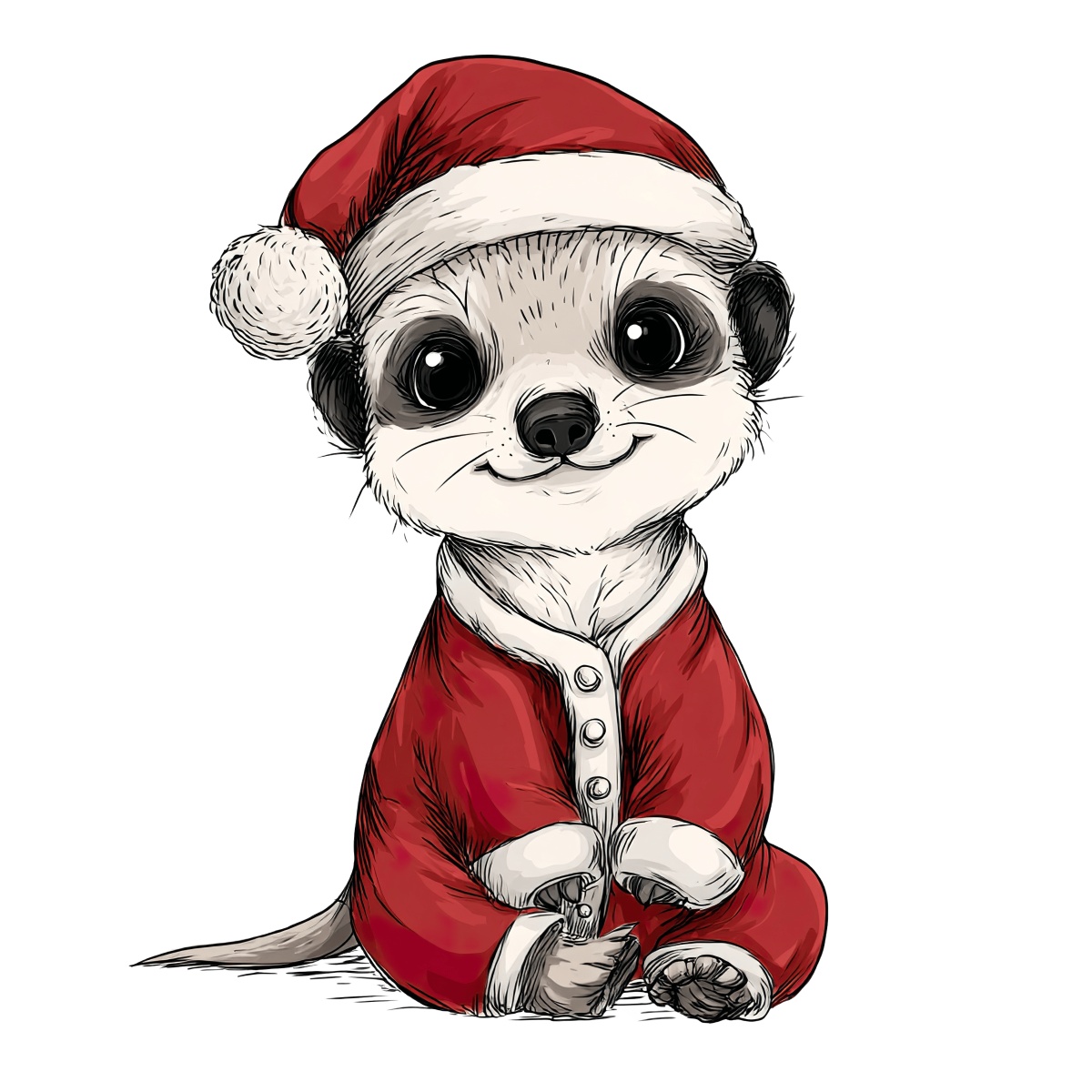 Meerkat in red Santa suit with hat, cartoon style.