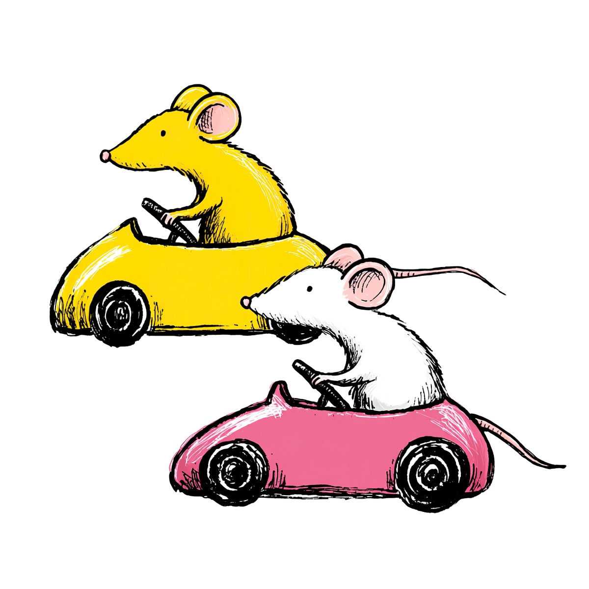 Yellow and white mice drive yellow and pink cars, hand-drawn illustration.