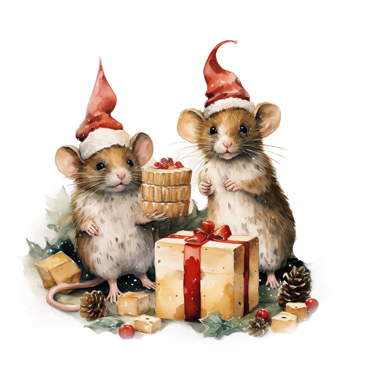 Mice in Santa hats with Christmas gift boxes surrounded by holiday decorations.