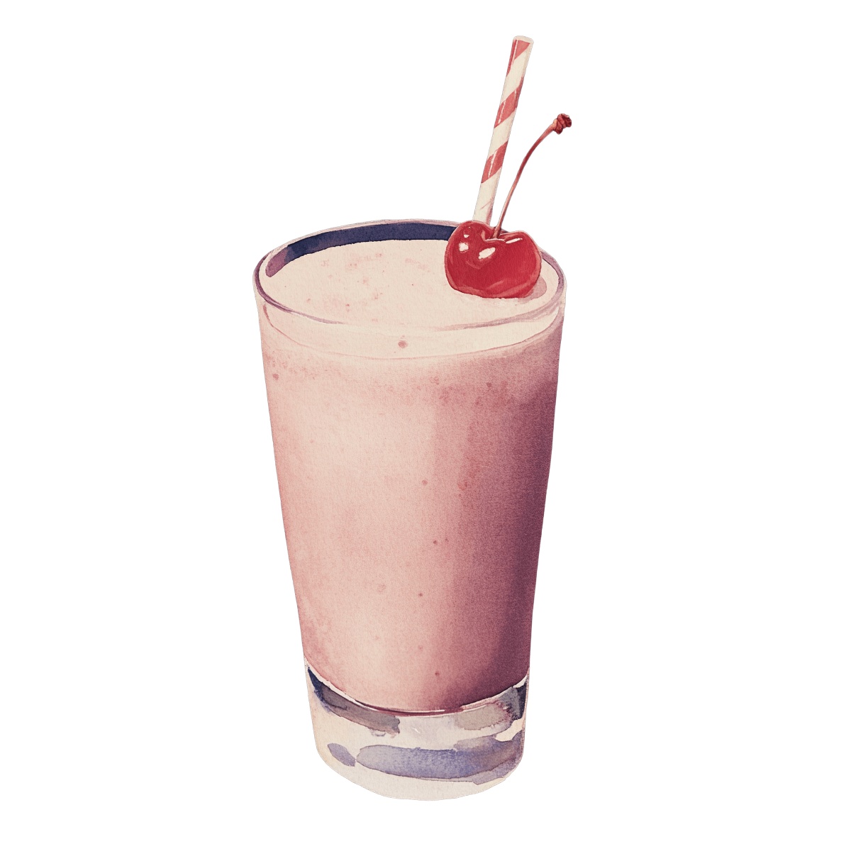 Milkshake in a glass with a cherry and straw on top.