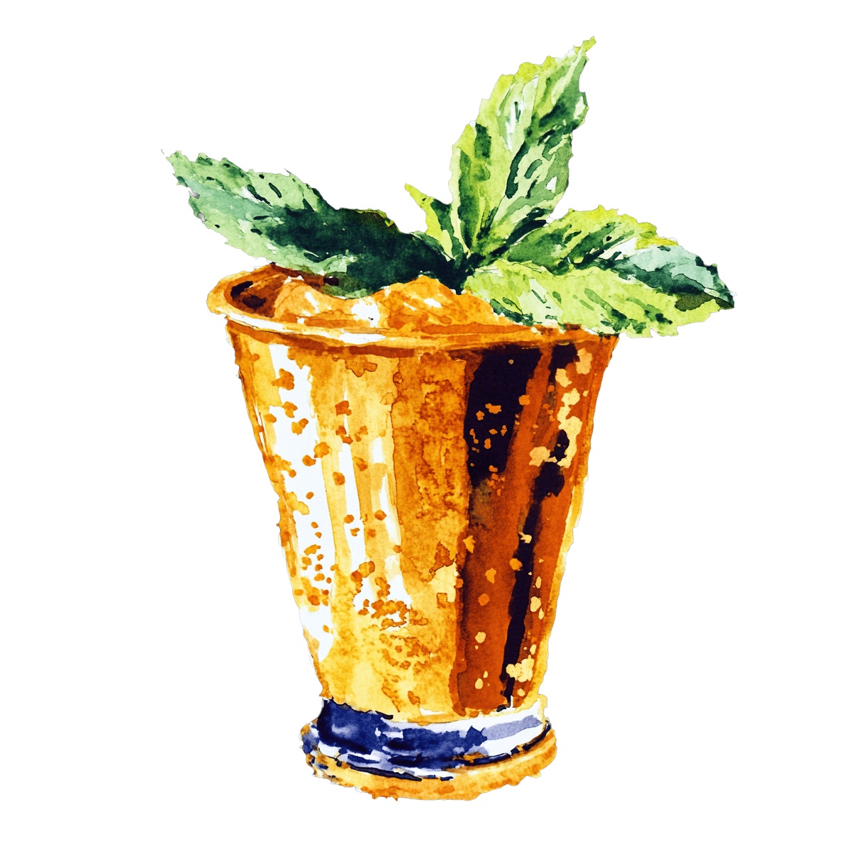 Mint julep cocktail in a golden cup with mint leaves on top.