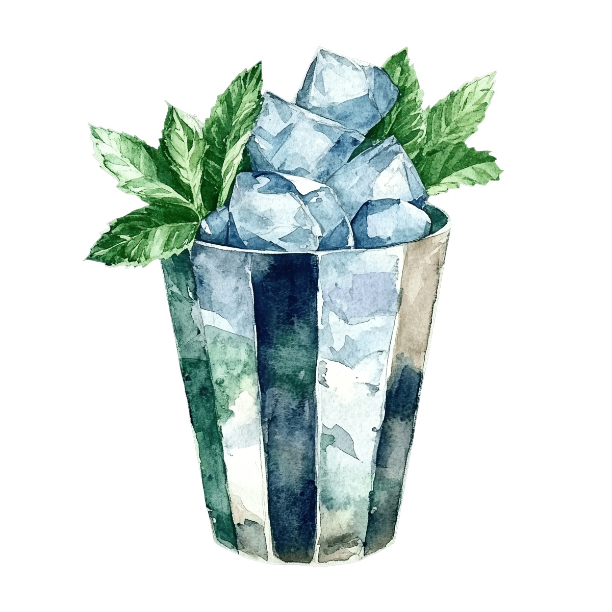 Mint julep cocktail with ice cubes and fresh mint leaves in a glass.