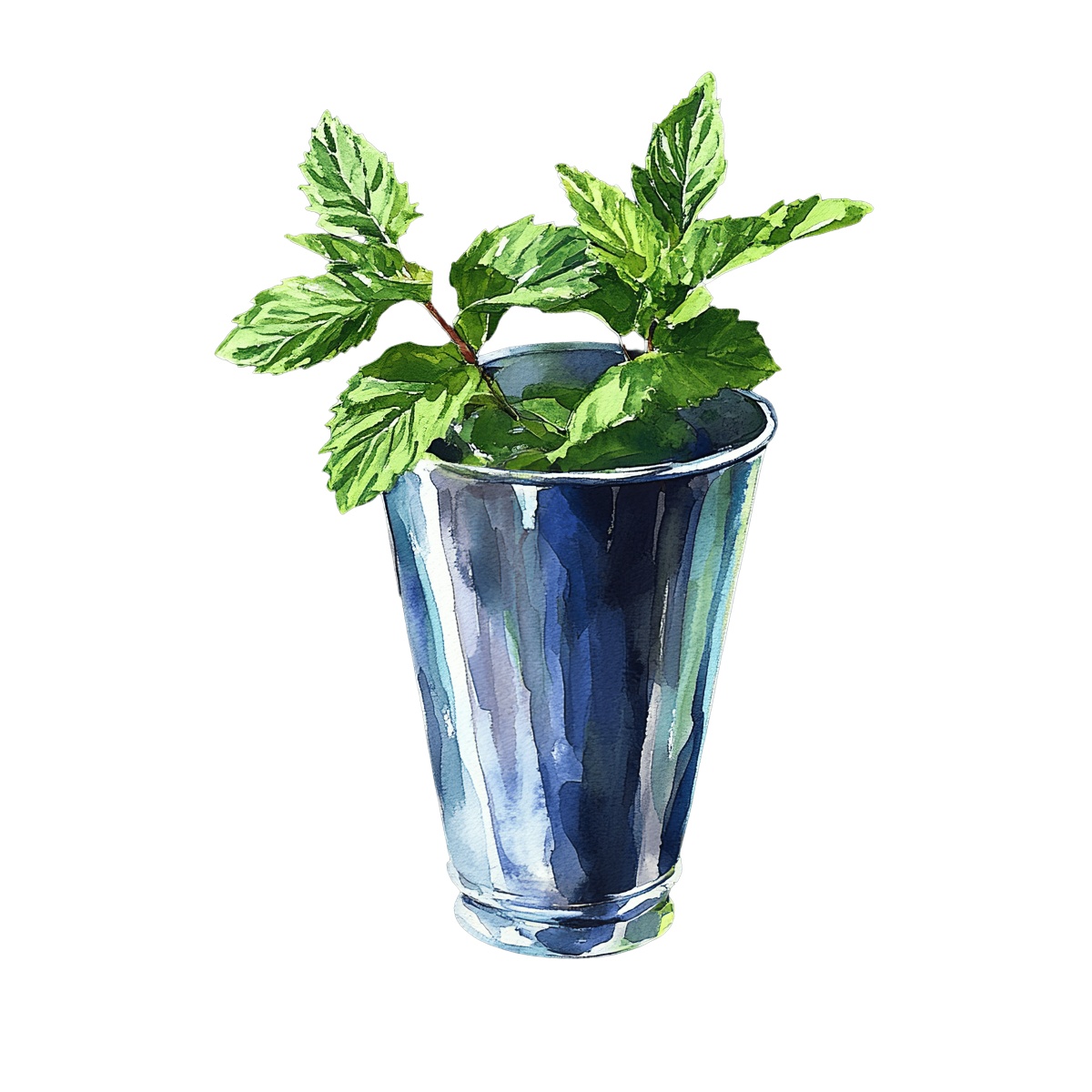 Mint julep cocktail in a silver cup with fresh mint leaves.