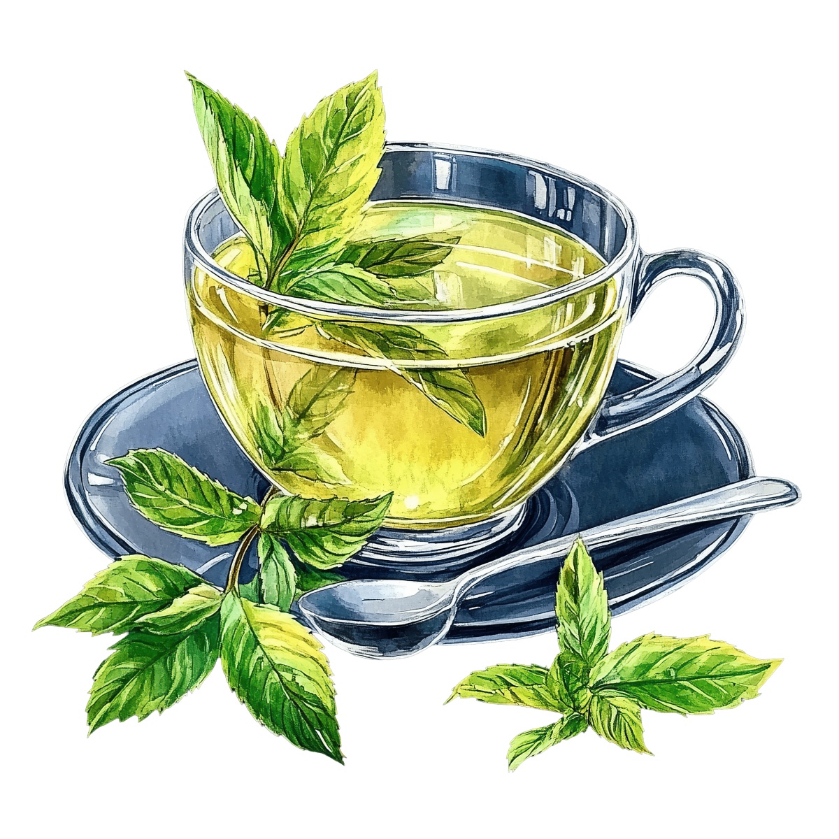 Mint tea in a glass cup with fresh mint leaves and a spoon.