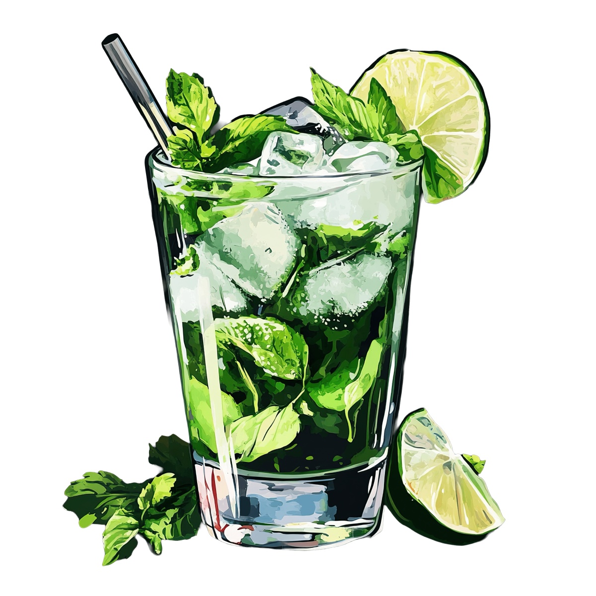 Mojito cocktail in a glass with lime and mint garnish.
