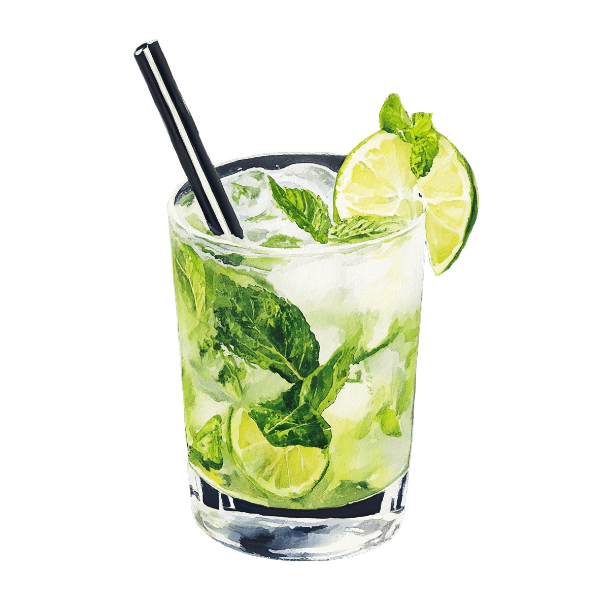 Mojito cocktail with lime slices, mint leaves, and a straw in a glass.