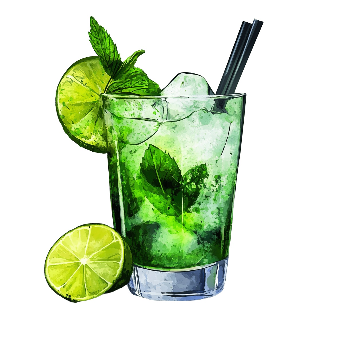 Mojito cocktail in a glass with lime and mint leaves.