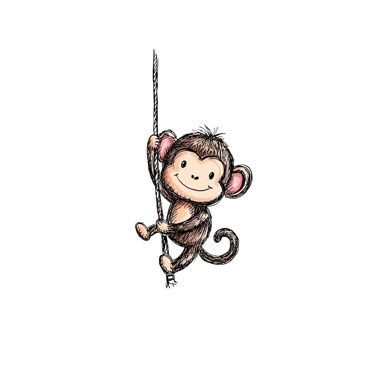 Cartoon monkey climbing a rope with a sketch style background.