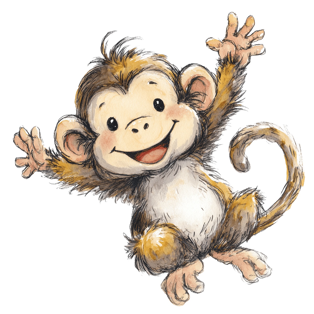 Monkey with brown fur and raised hands, curly tail in clipart style.