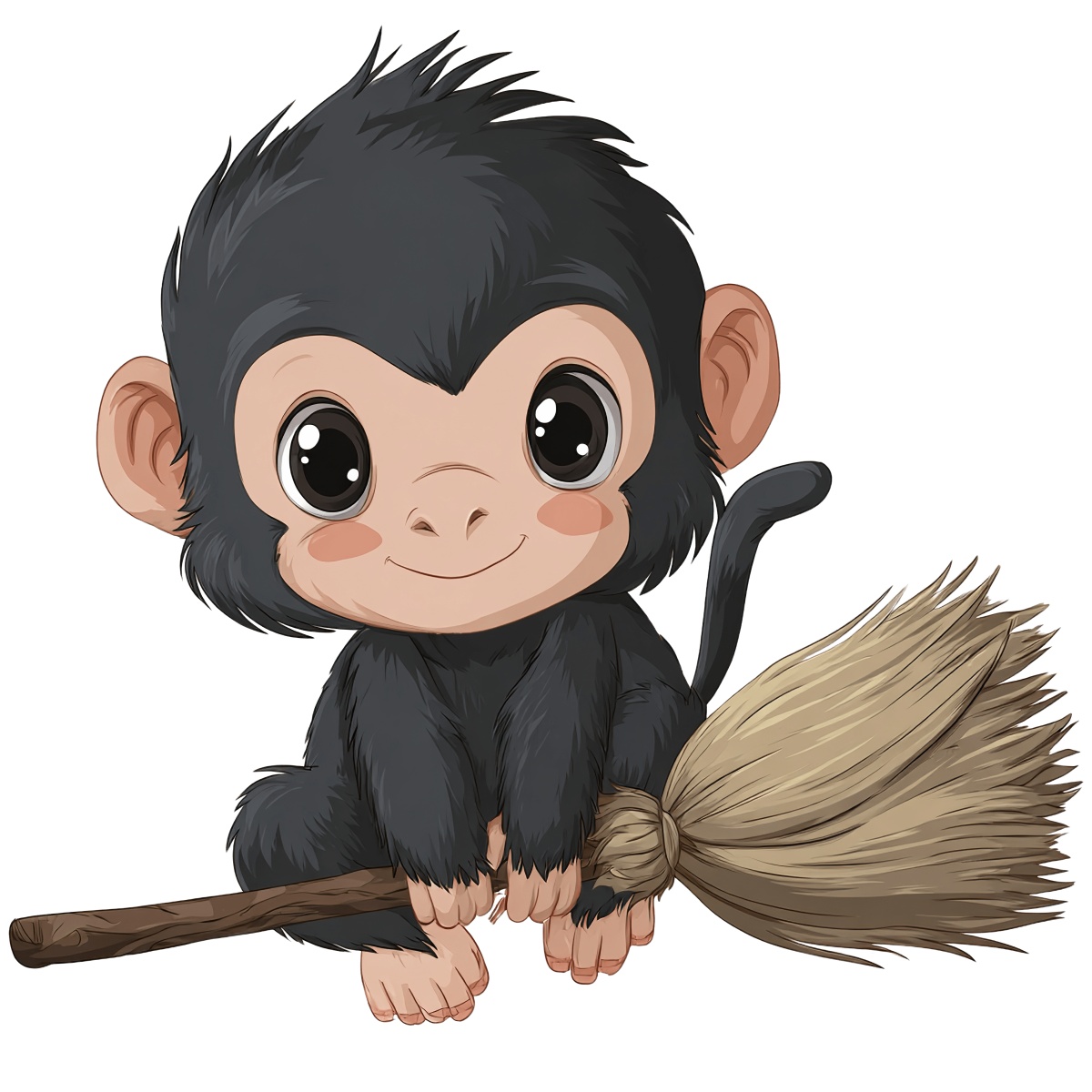 Cartoon monkey with black fur holding a broomstick.