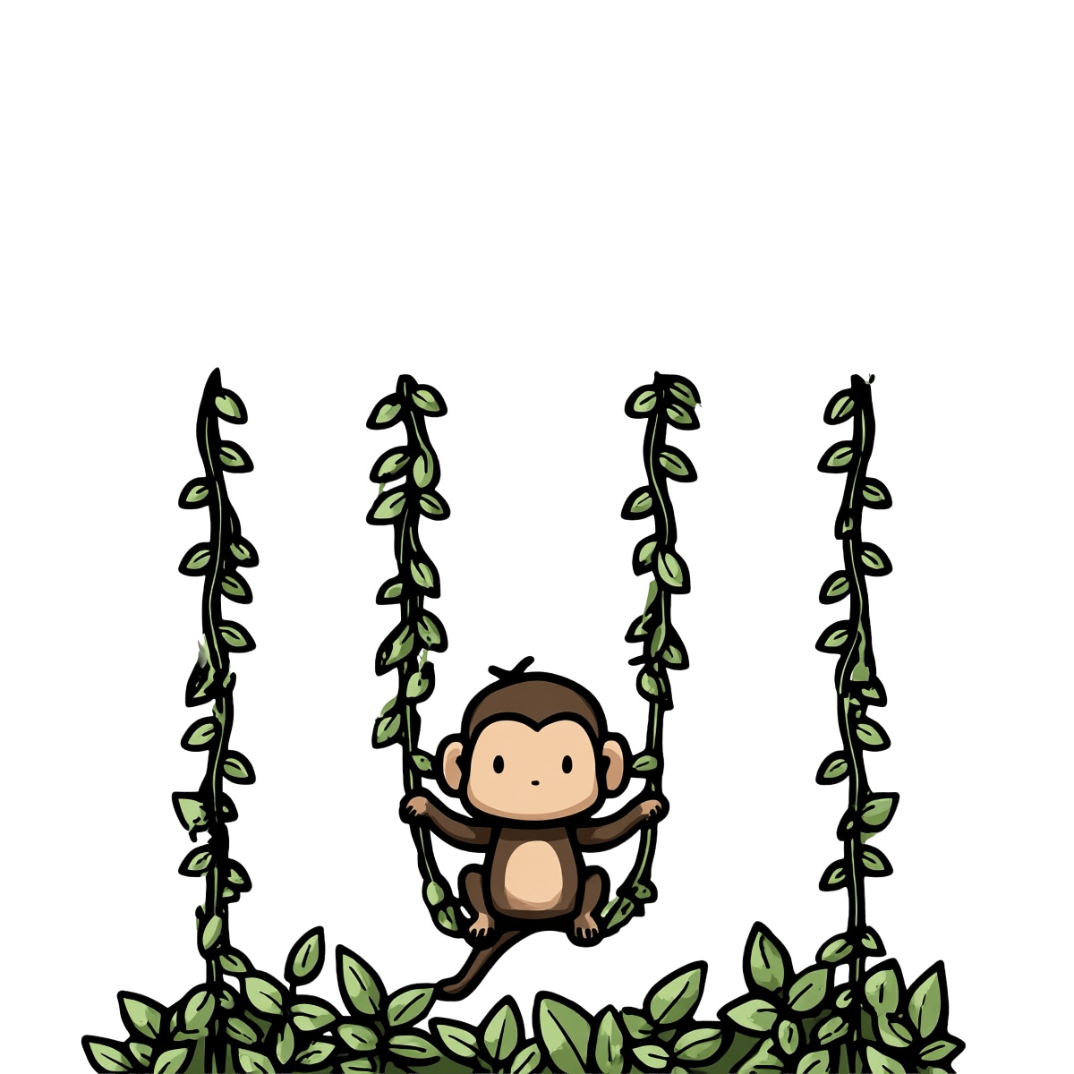 Monkey swinging on green vines with lush foliage.