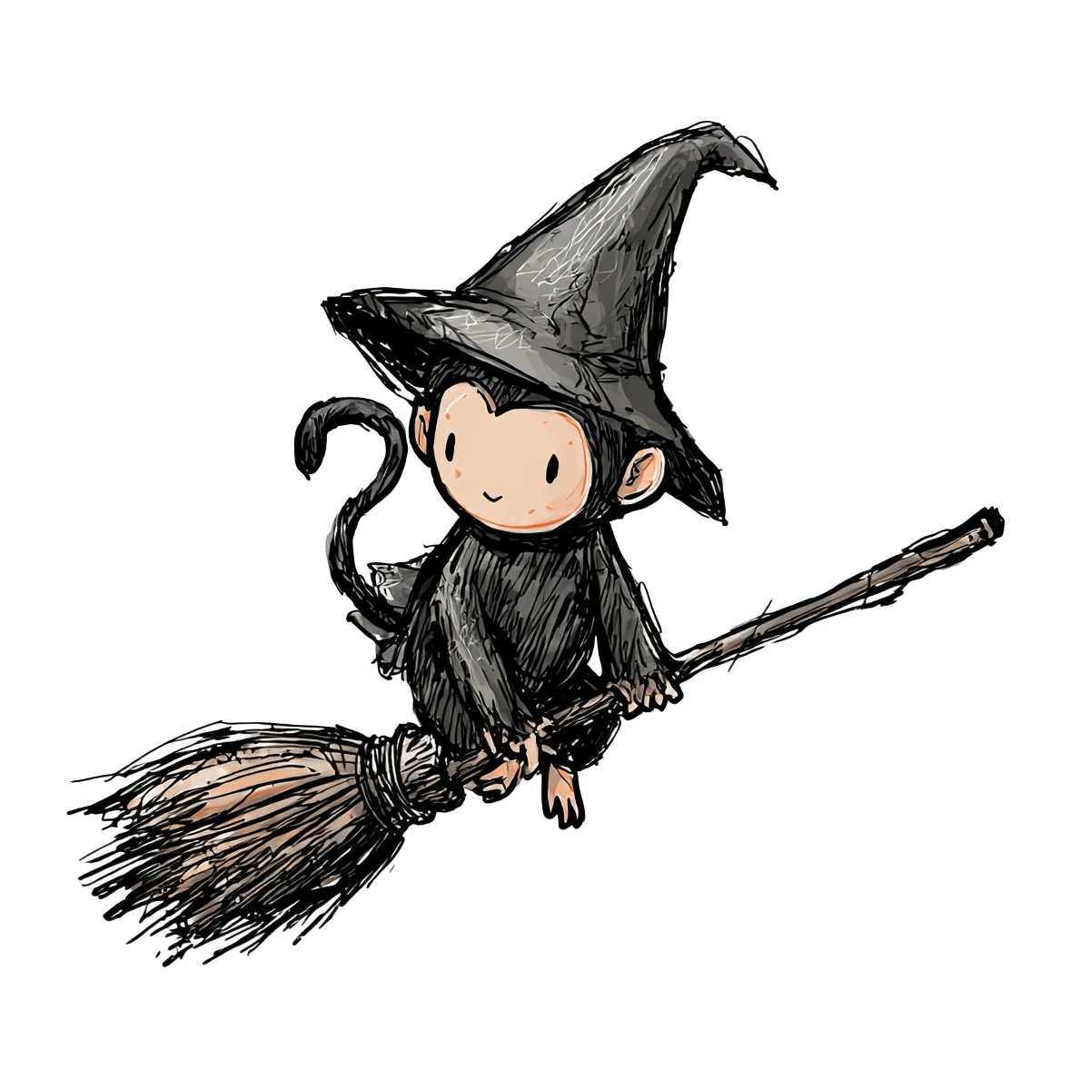 Monkey in witch hat riding broomstick, black sketch style design.