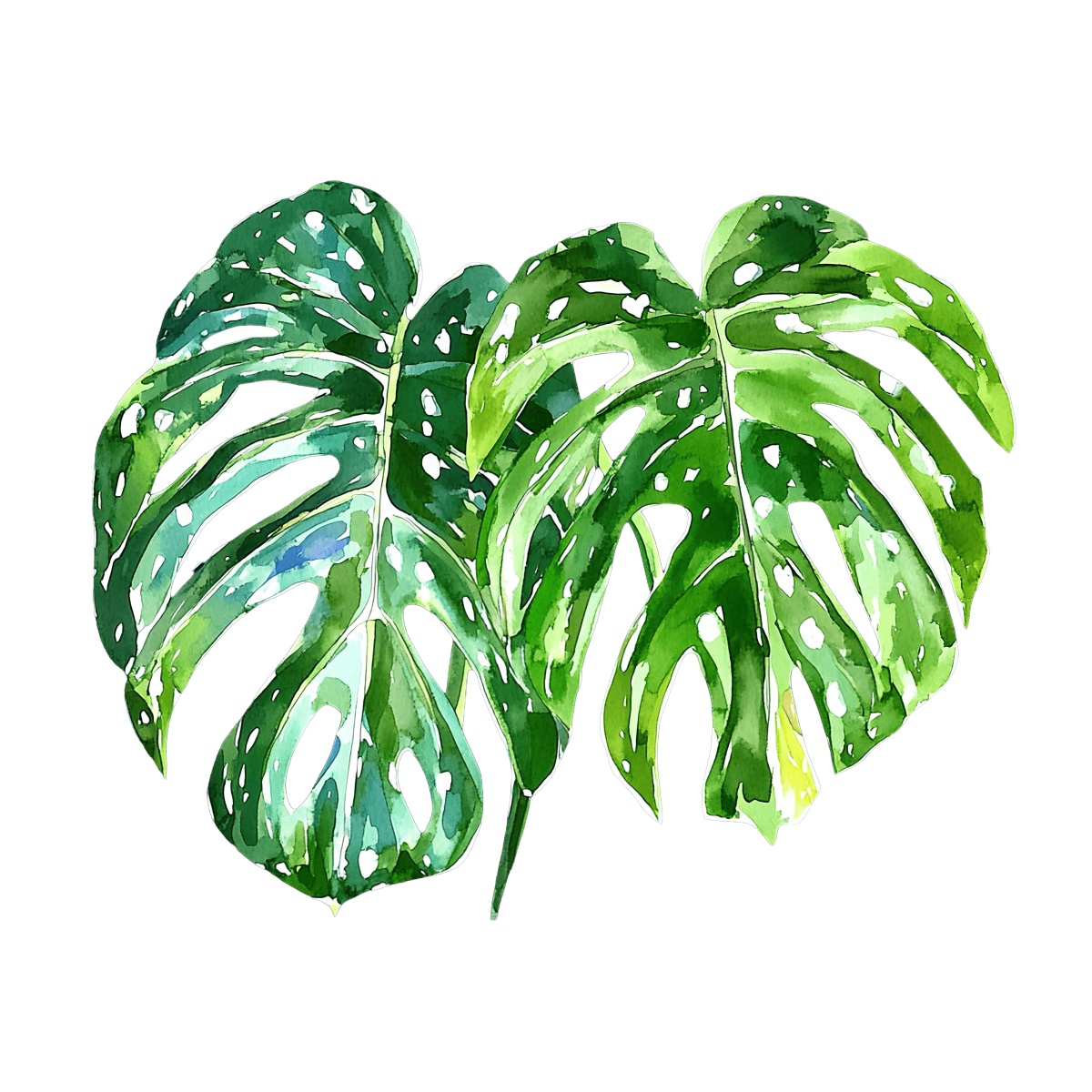 Monstera leaves in vibrant green watercolor style.