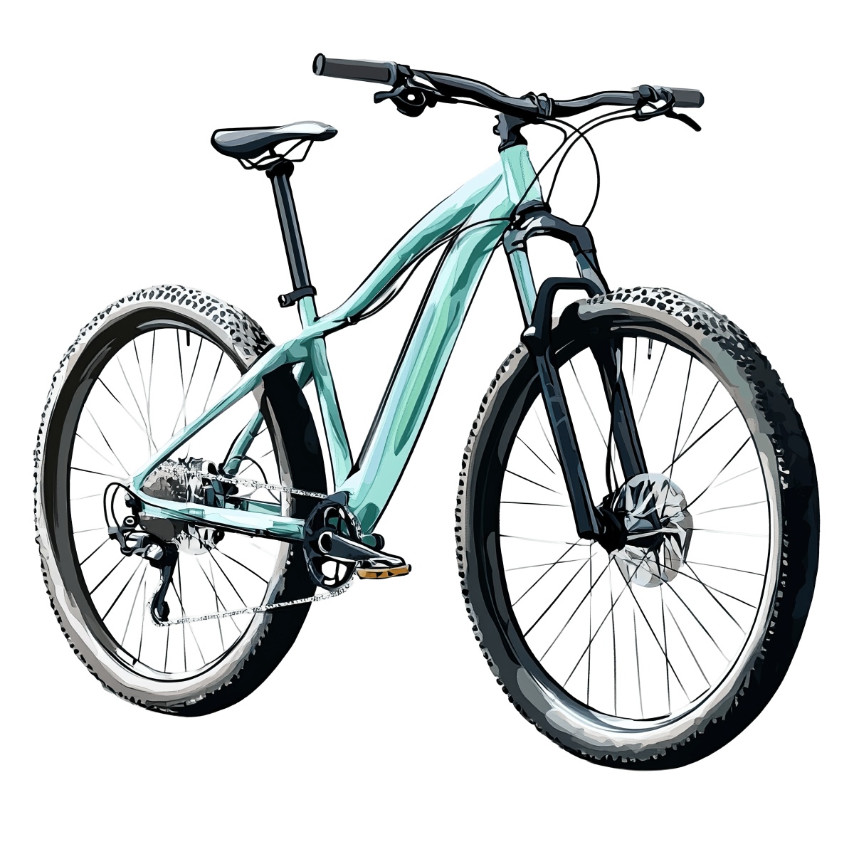 Mountain bike with a light blue frame and thick tires in a clipart style.