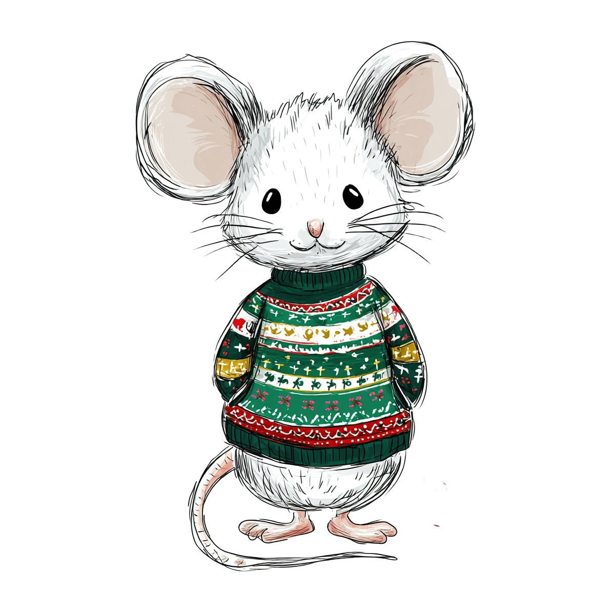 Mouse wearing a festive green and red sweater with intricate patterns.