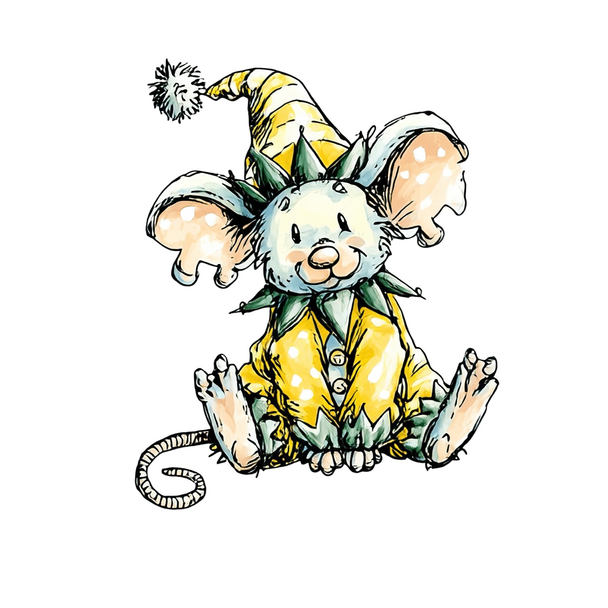 Mouse in yellow jester outfit with large ears and curly tail.