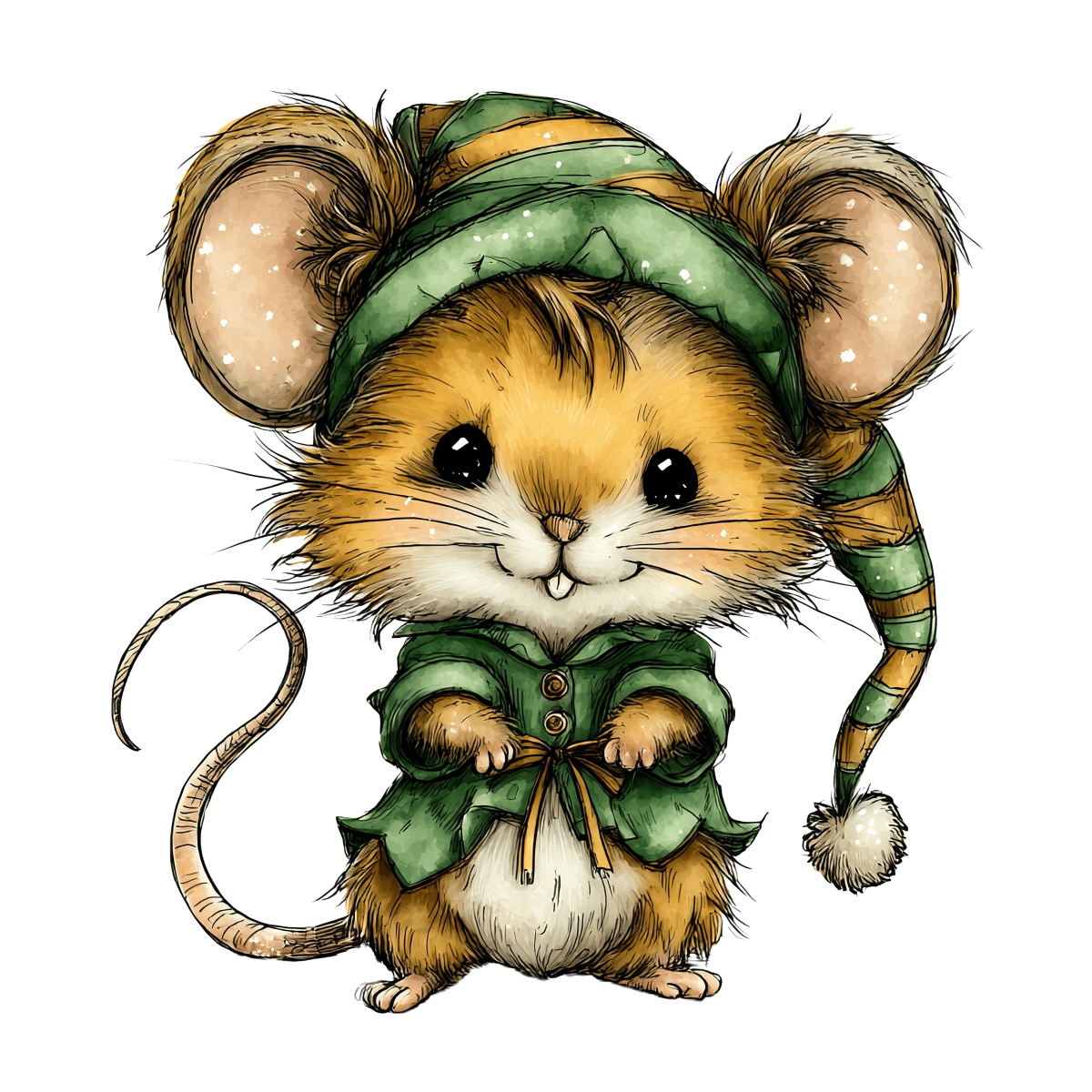 Mouse wearing a green outfit and hat, detailed fur, standing position.
