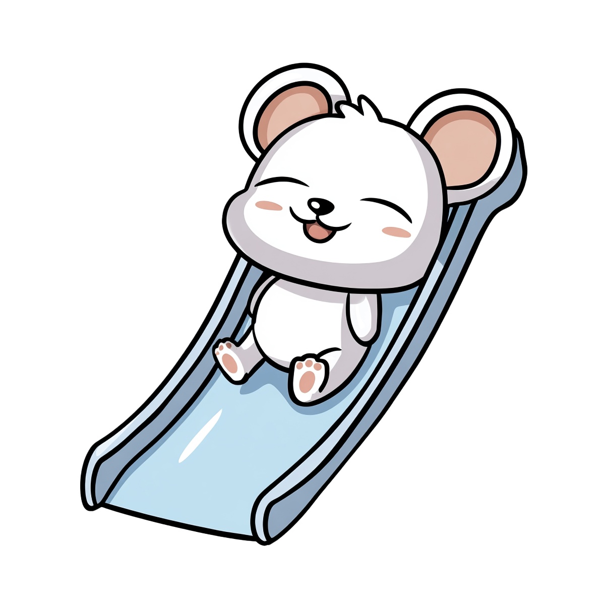 White mouse on a slide, cartoon style with large ears and blue slide.