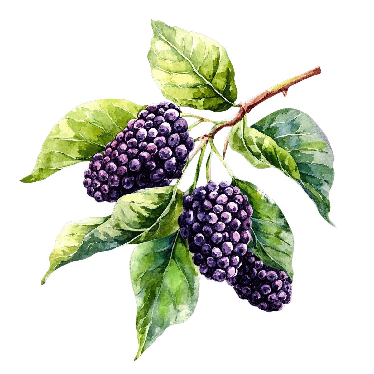 Mulberry branch with ripe berries and green leaves.