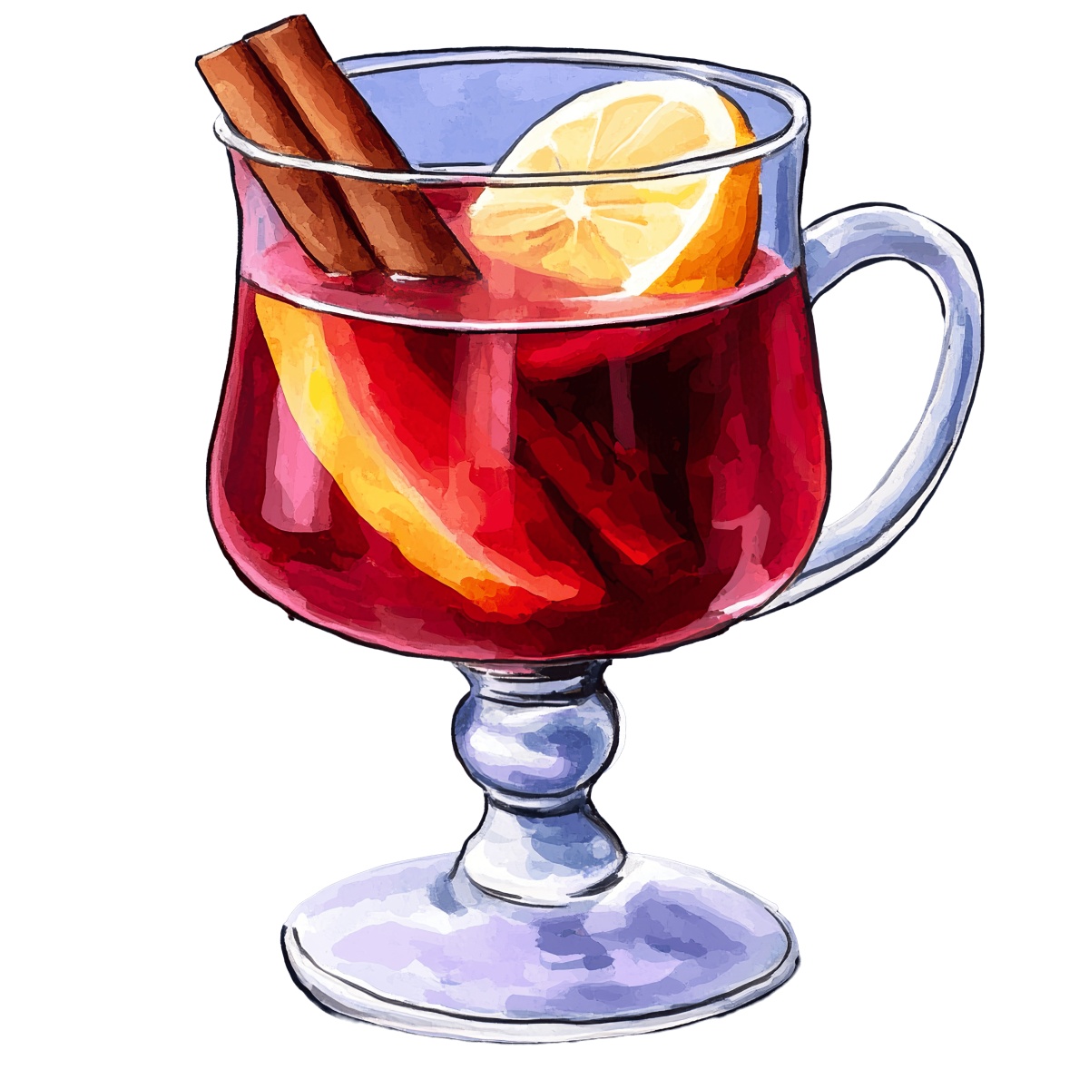 Mulled wine in a glass with lemon and cinnamon stick.