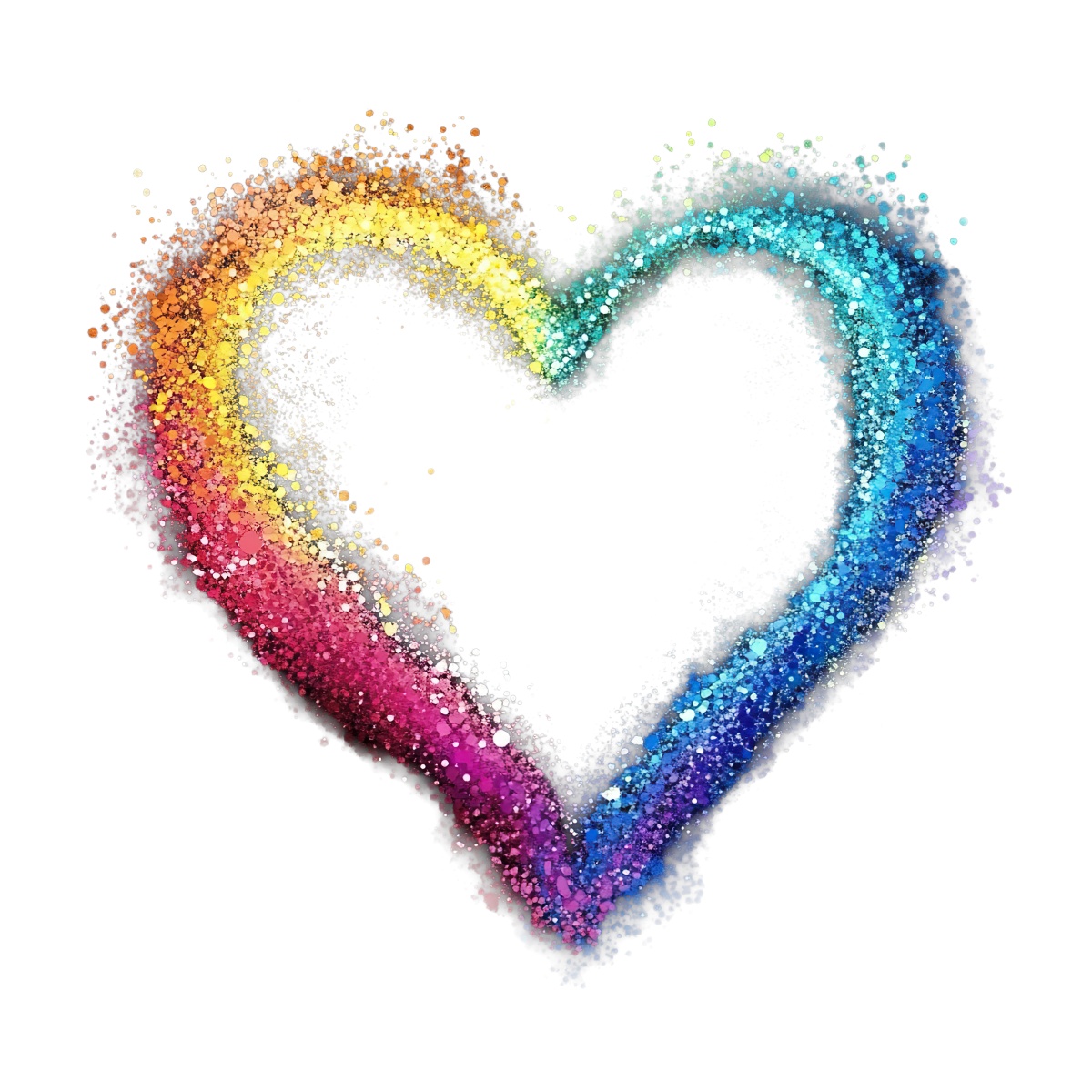 Multicolor heart shape made of particle dots on a dark surface.