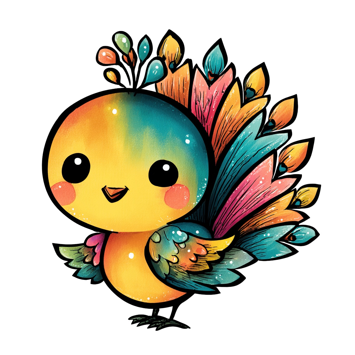 Multicolored bird with large tail feathers and small tuft on head.