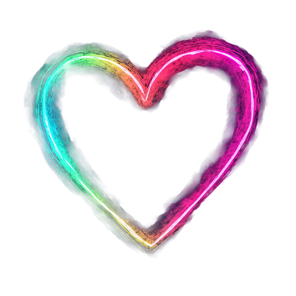 Multicolored neon heart outline with gradient effect in vibrant colors.