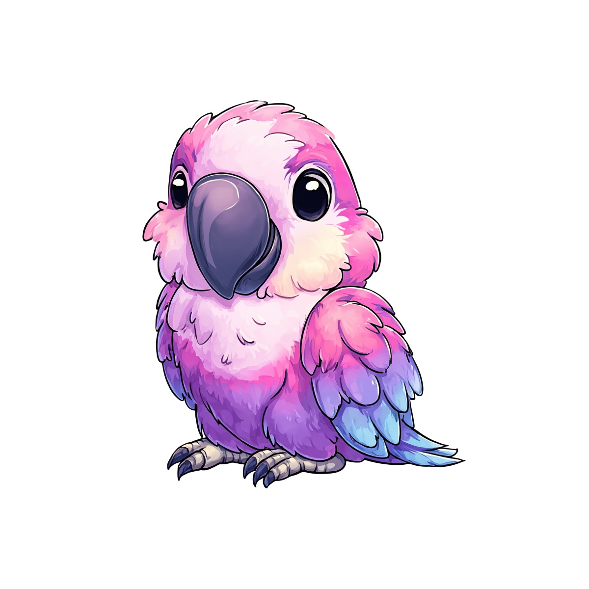 Parrot with pink, purple, and blue feathers, large beak.