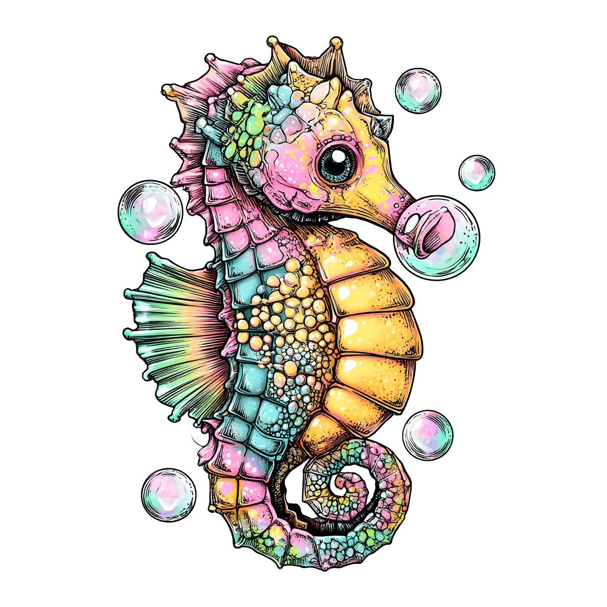 Seahorse with multicolored patterns and bubbles, intricate textures and vibrant design.