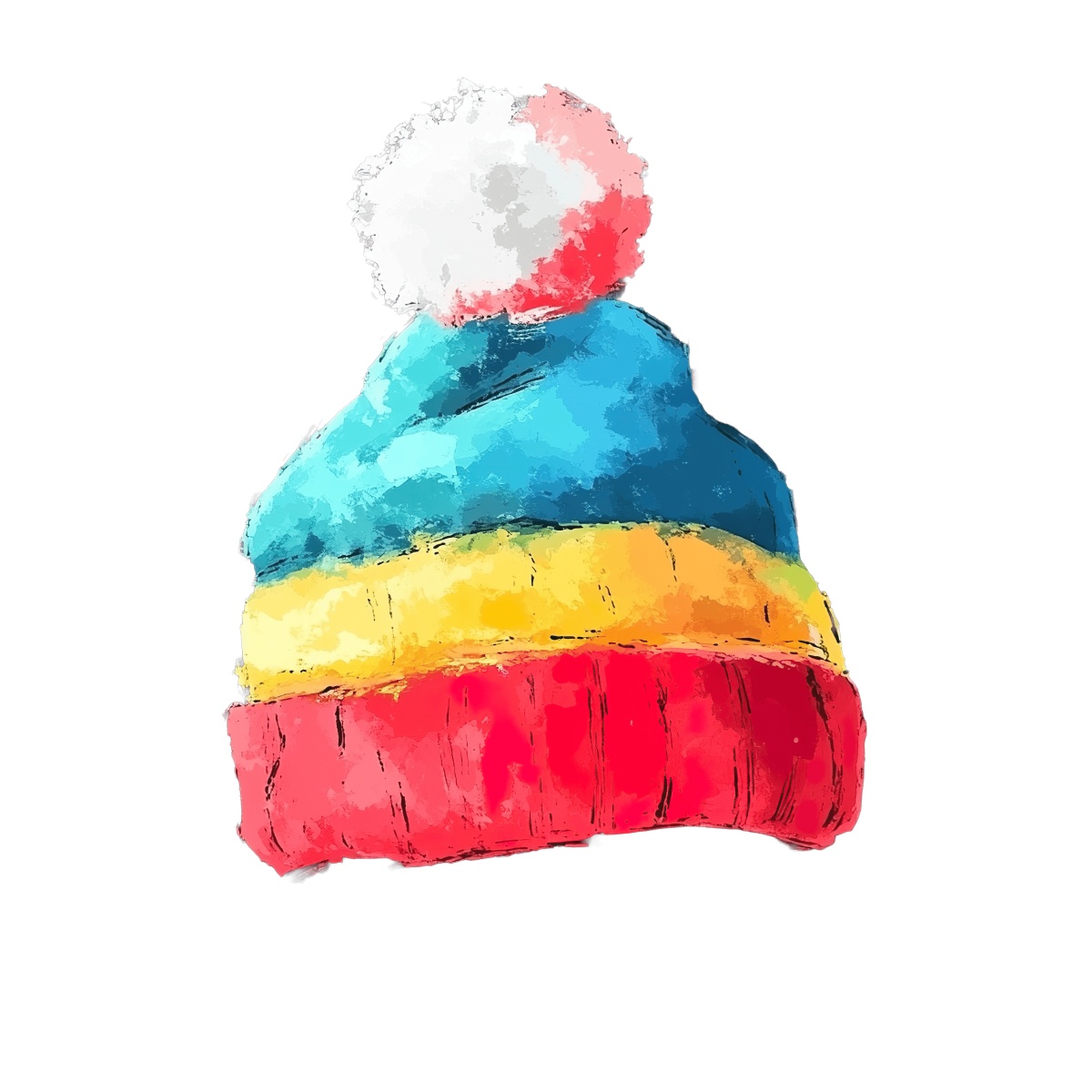 Multicolored winter hat with a pom-pom in a watercolor style illustration.