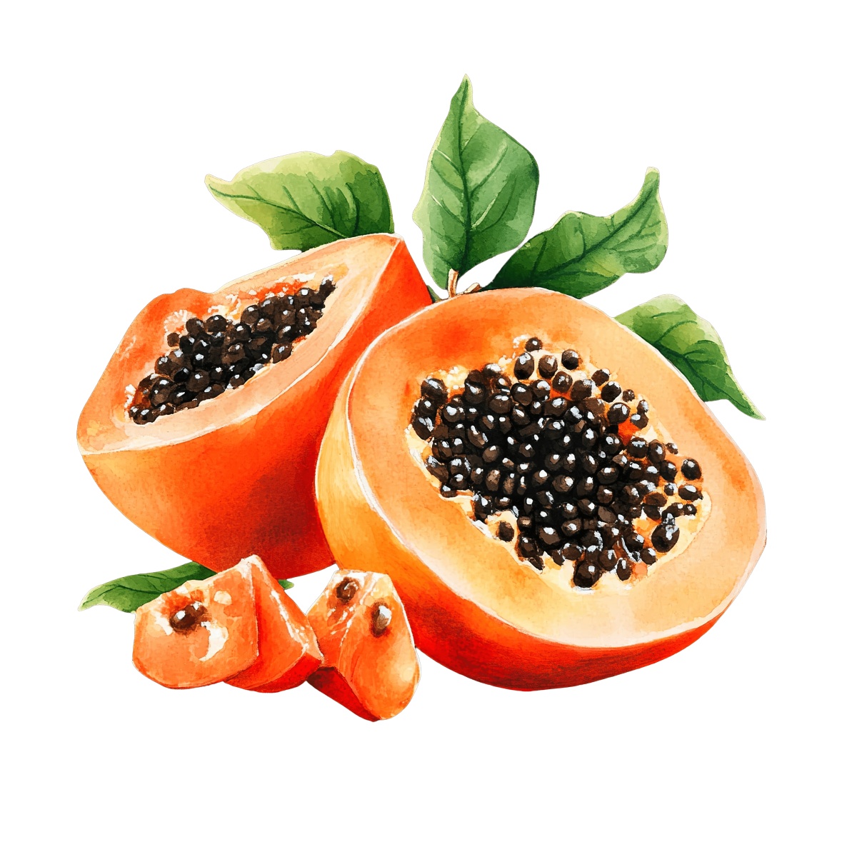Naranjilla fruit with seeds and leaves in a detailed clipart style.