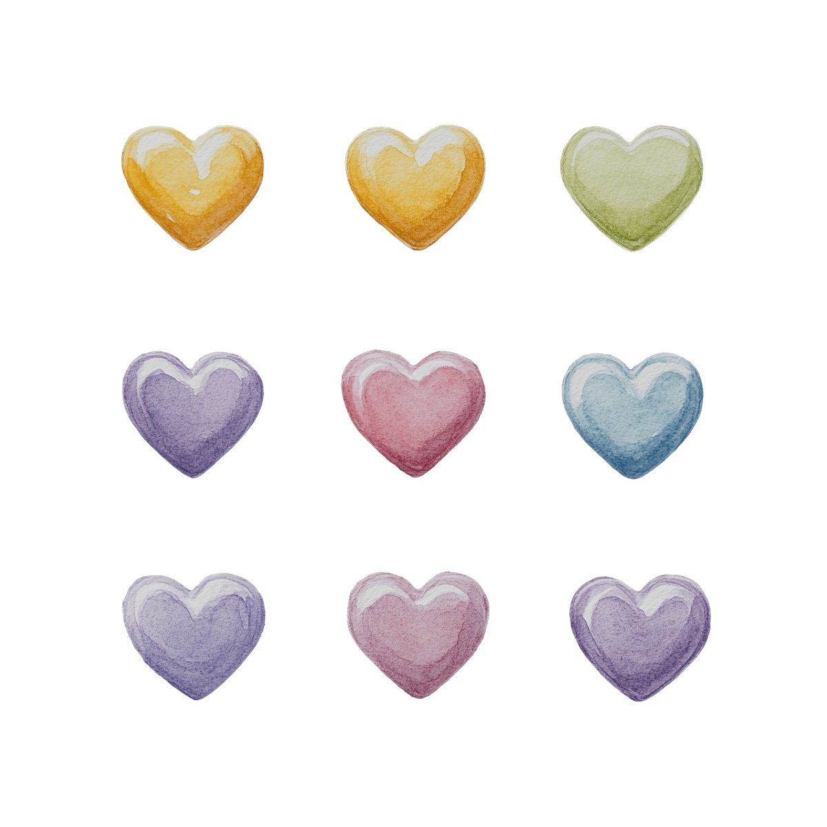 Nine watercolor heart shapes in different colors on a black background.