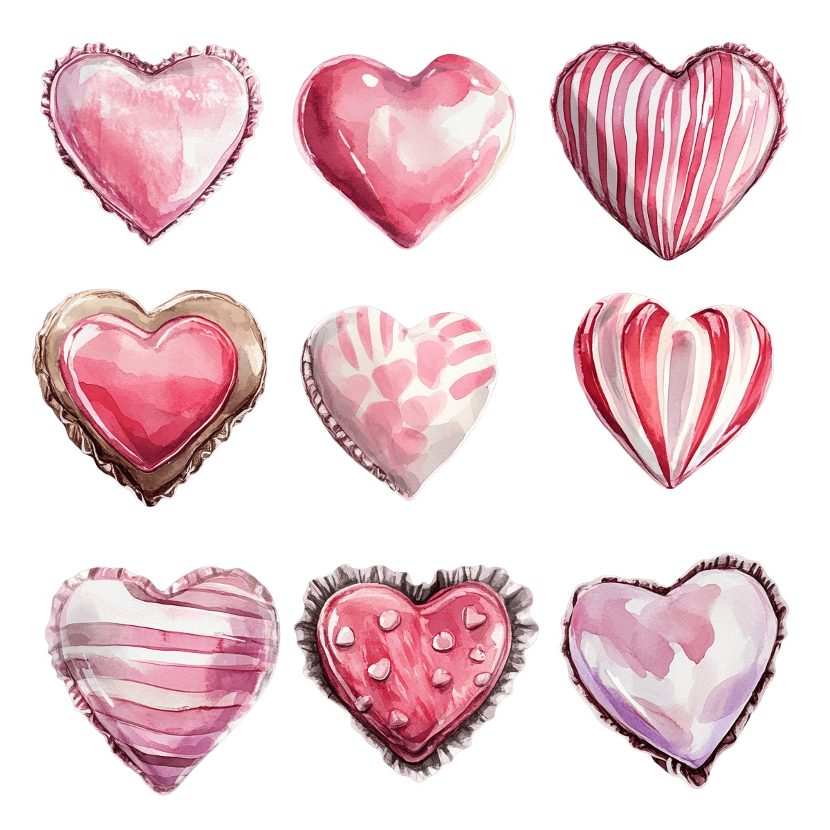 Nine pink and red heart designs with various patterns and textures.