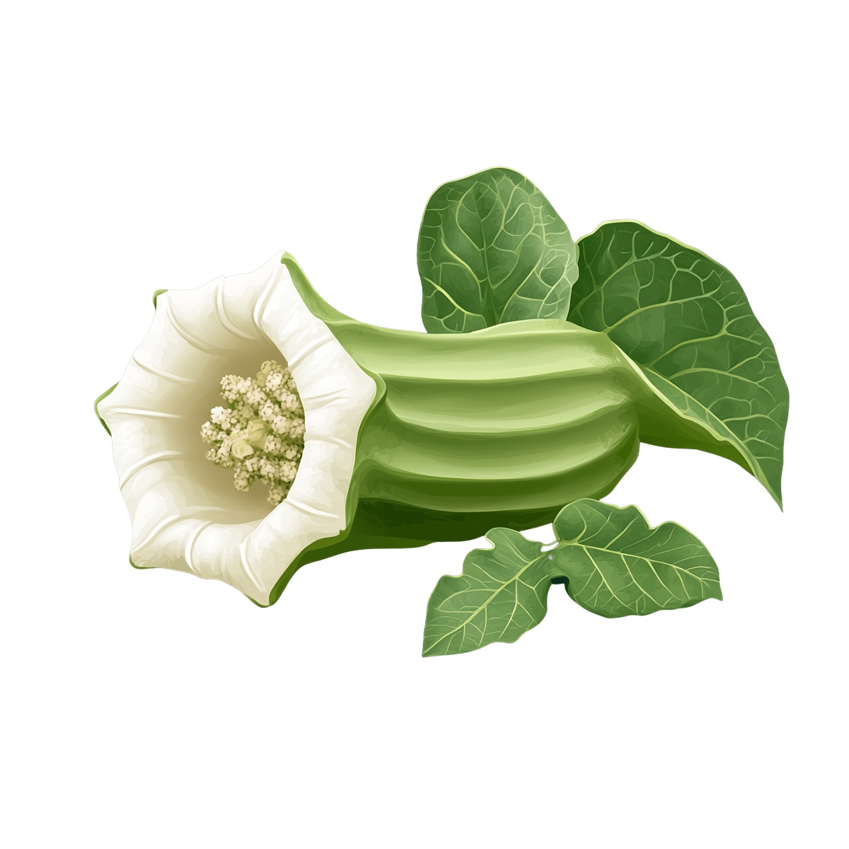 Okra flower with green leaves in a detailed clipart style.