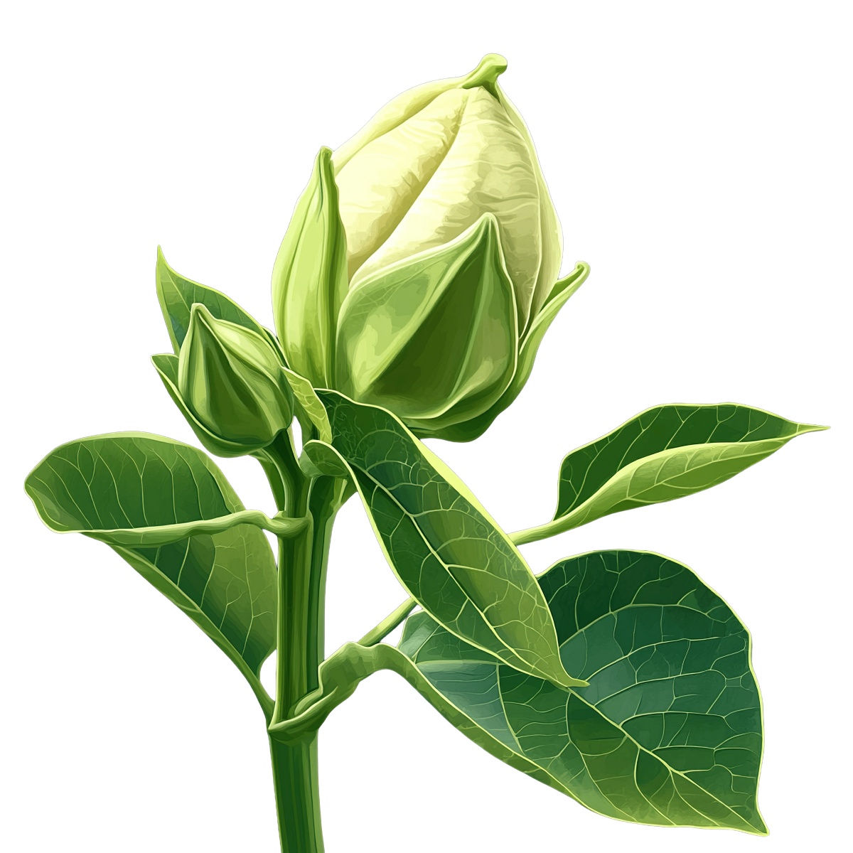 Okra plant with a bud and green leaves in detailed clipart style.
