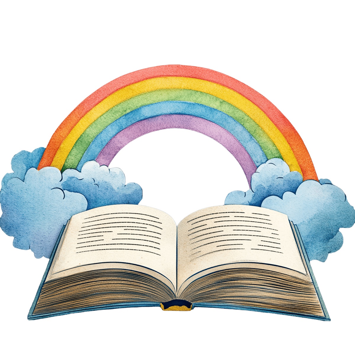 An open book with a rainbow and clouds in a clipart illustration.