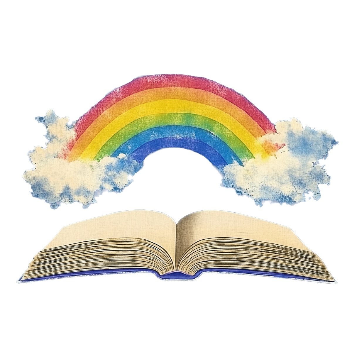 An open book with a rainbow and clouds emerging above.