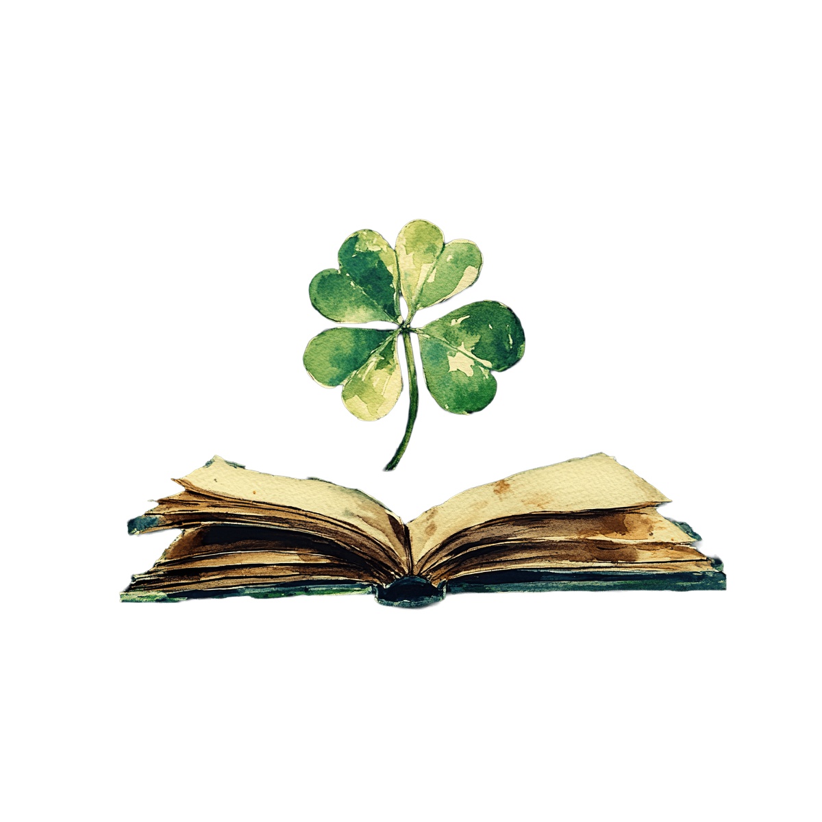 Open vintage book with a watercolor four-leaf clover floating above.