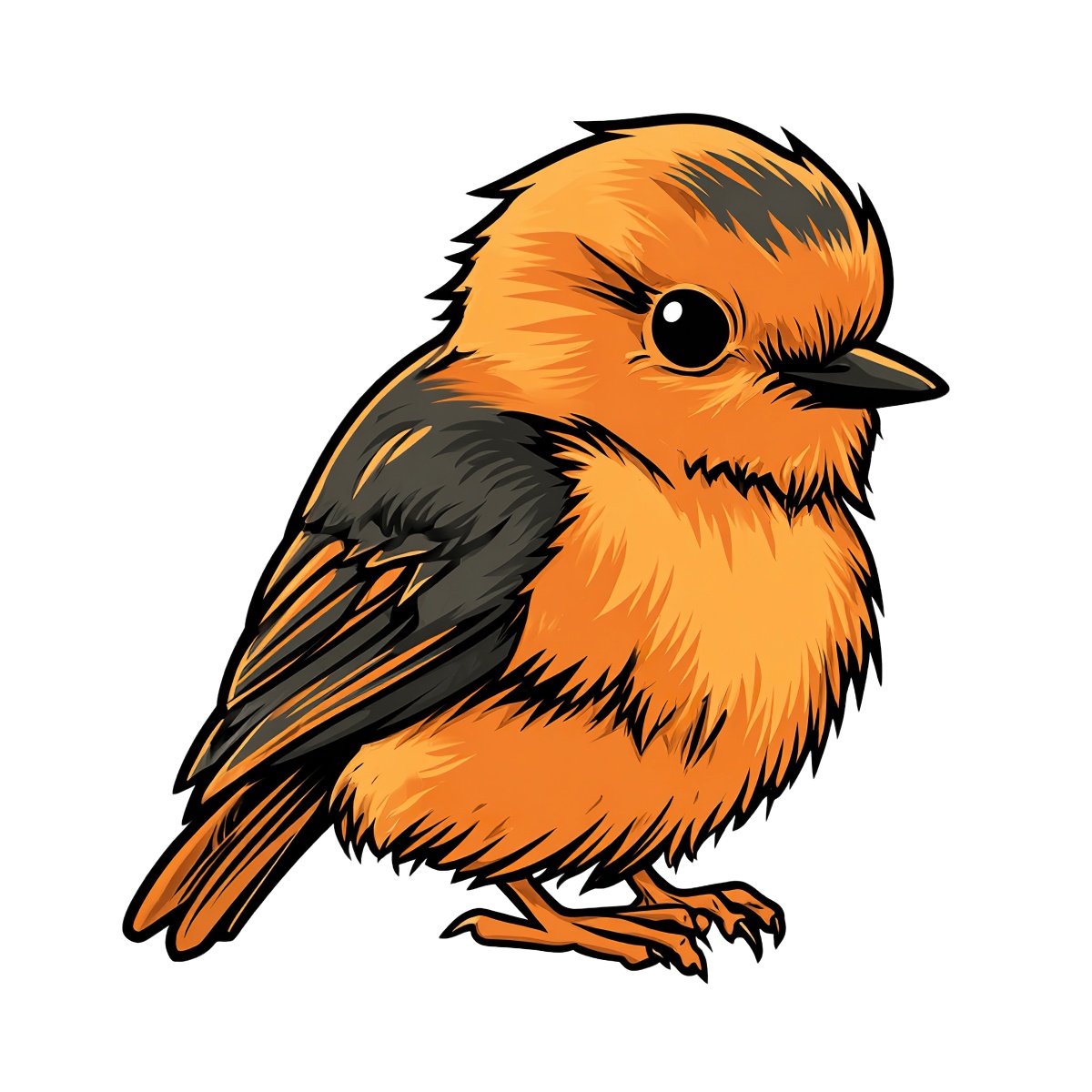 Orange and black bird with detailed feathers, stylized illustration.