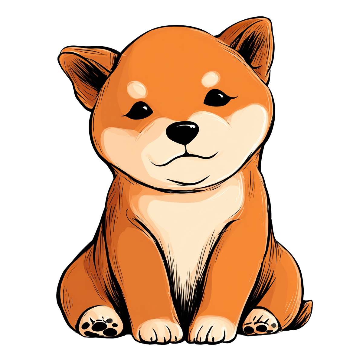 Orange and white dog illustration with pointed ears and rounded paws.