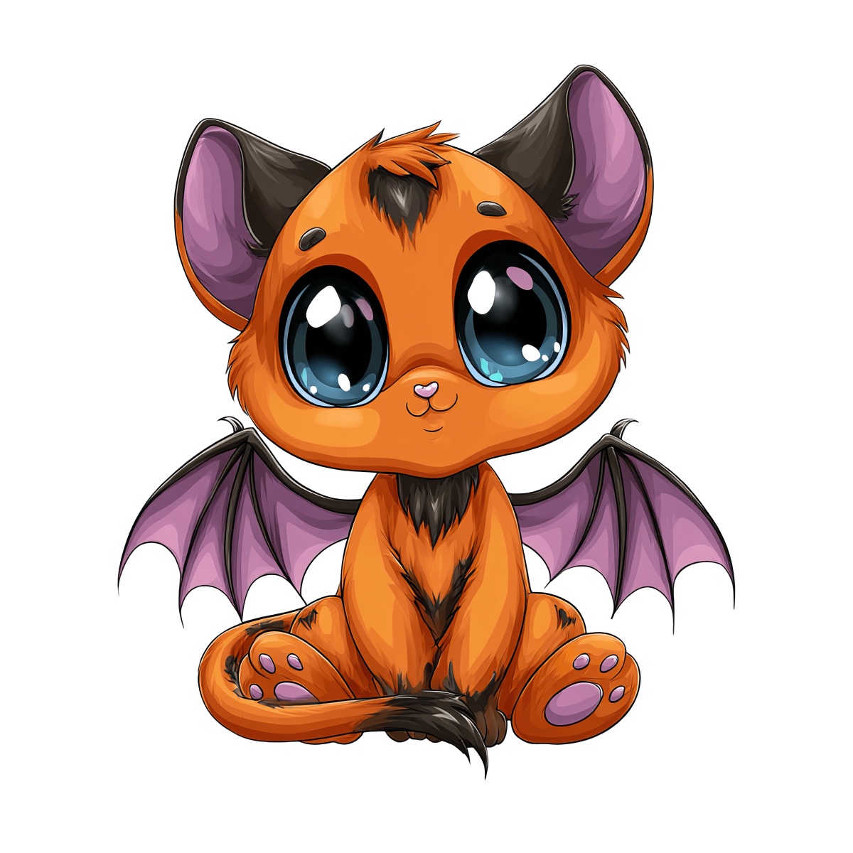 Cartoon bat with orange fur and purple wings sitting.