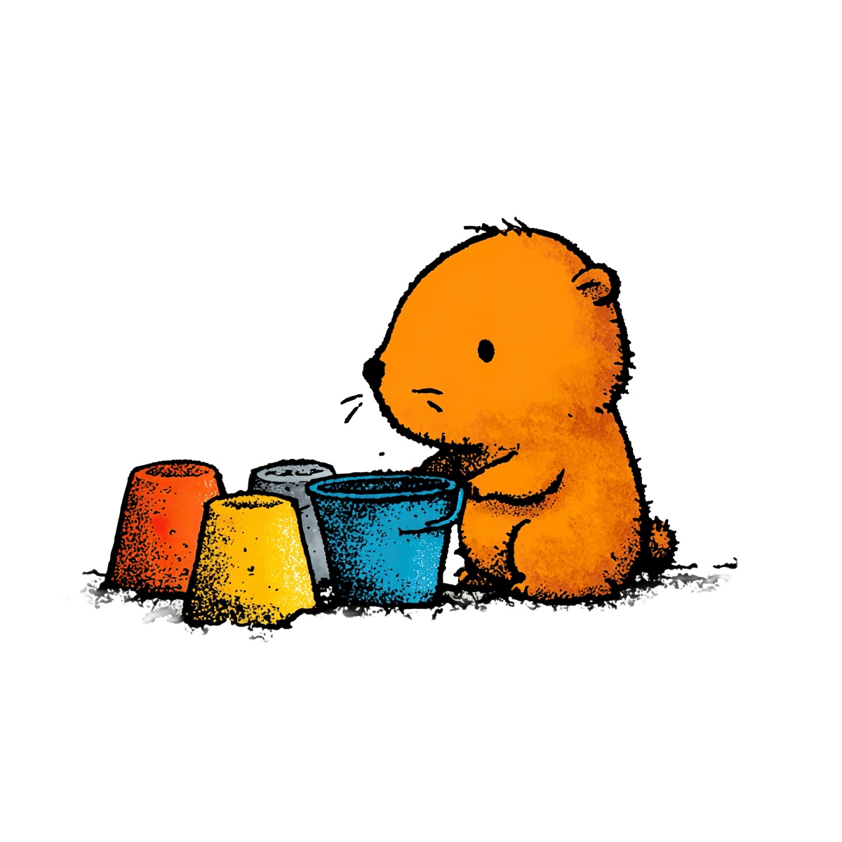 Orange bear next to red, yellow, blue, and white containers.