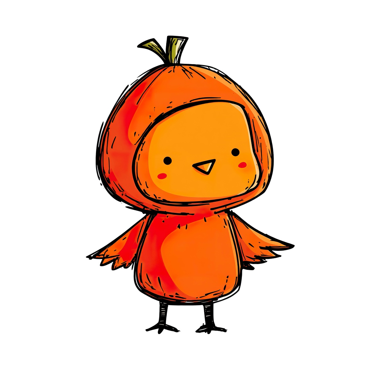 Bird in an orange pumpkin costume with visible stem and wings spread.
