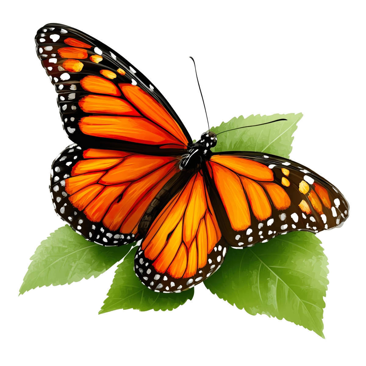 Orange and black butterfly on green leaves