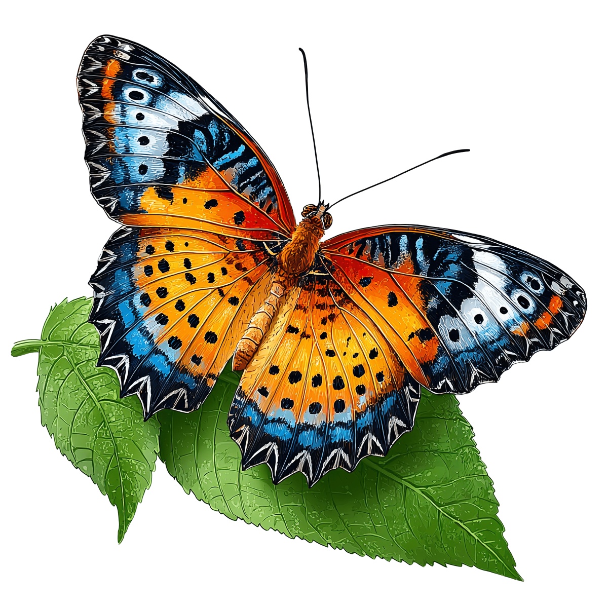 Colorful butterfly on green leaves