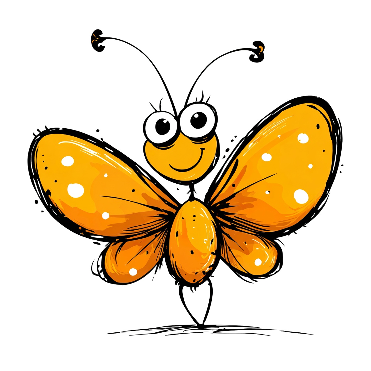 Orange butterfly with black outline and white spots, large eyes and antennae.