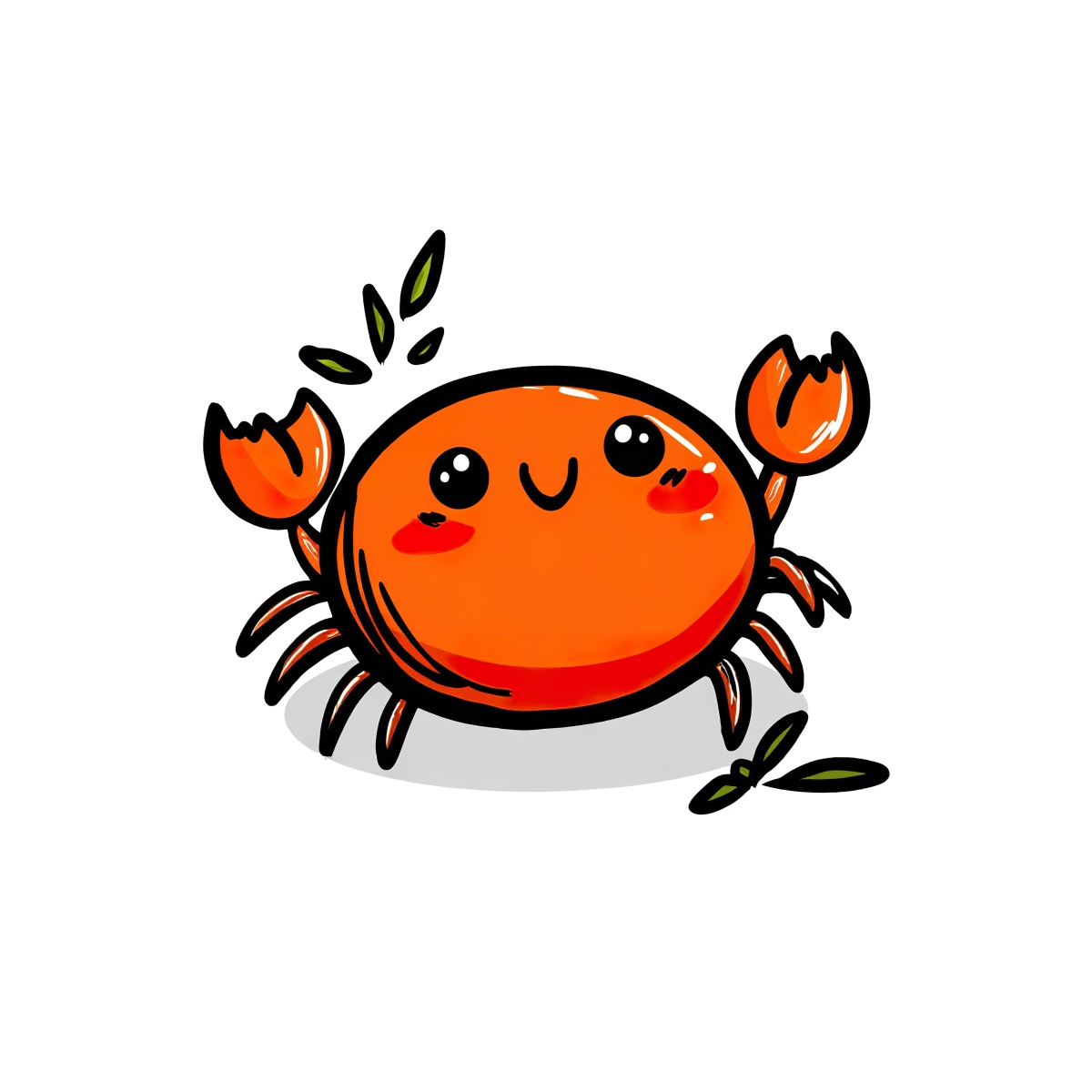 A cartoon drawing of an orange crab with leaves in a bold style.