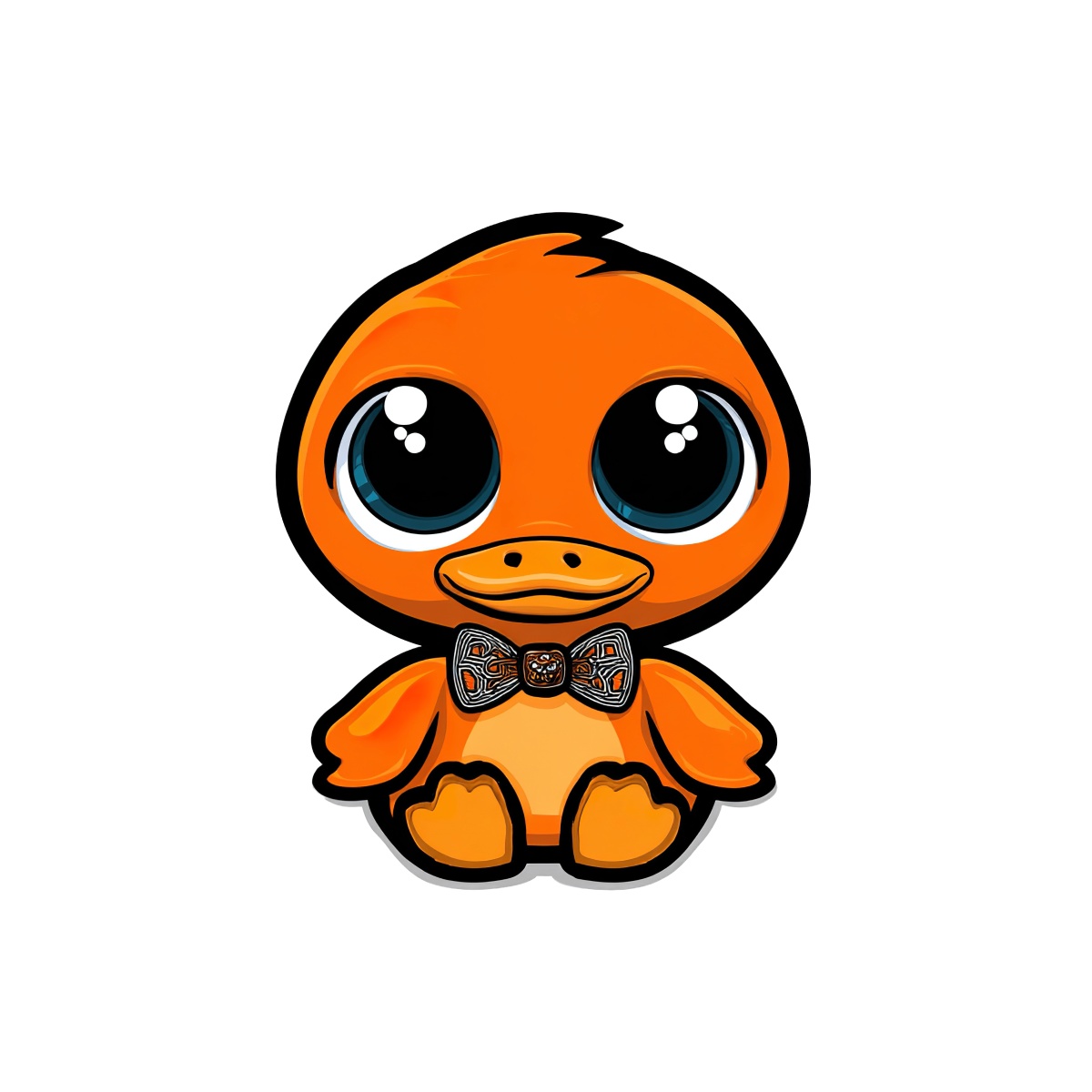 Cartoon depiction of an orange duck with large eyes and a bow tie.
